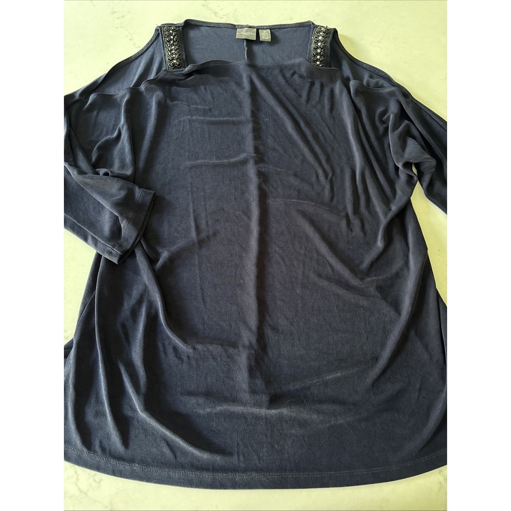 Chico's Cold Shoulder Tunic Top‎ Womens 3 XL Long Sleeve Stretch Navy Jersey